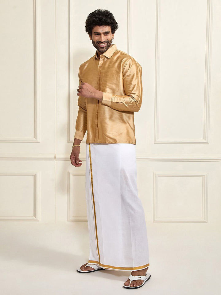 VASTRAMAY Shirt Collar Long Roll-Up Sleeves Shirt With Veshti