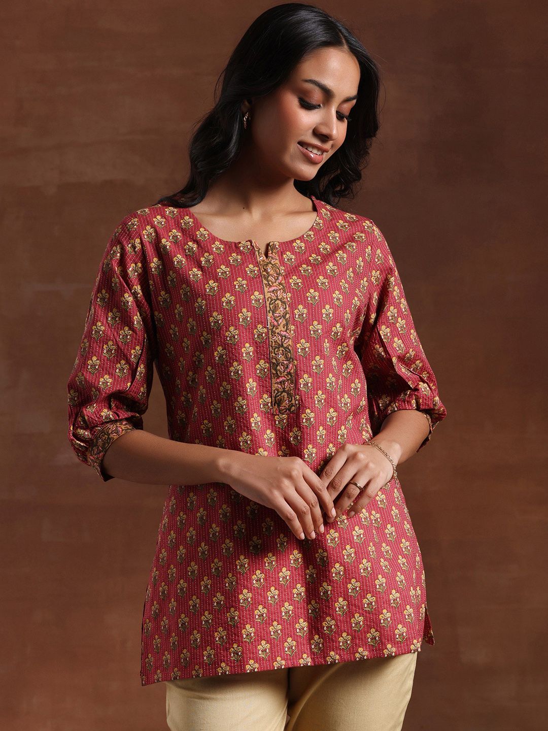 Libas Floral Printed Mirror Work Mirror Work Anarkali Kurti