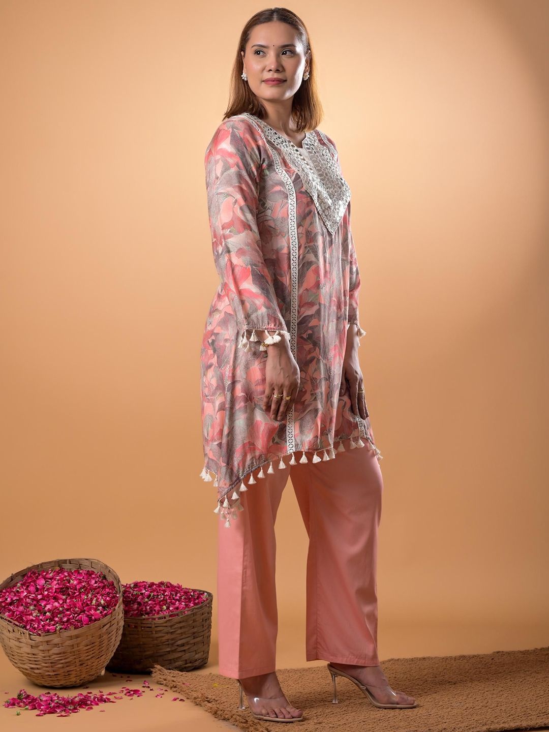 Tunik V-Neck Kapas Tulen Bercetak Mamicha Dengan Palazzo Co-Ords