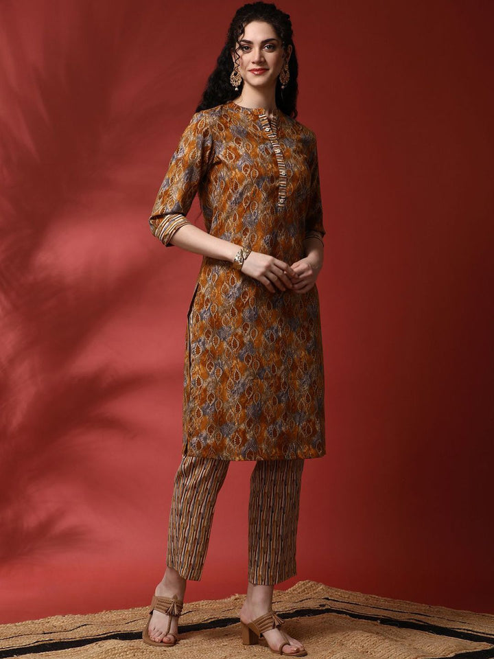 Anouk Floral Printed Mandarin Collar Straight Kurta With Trousers