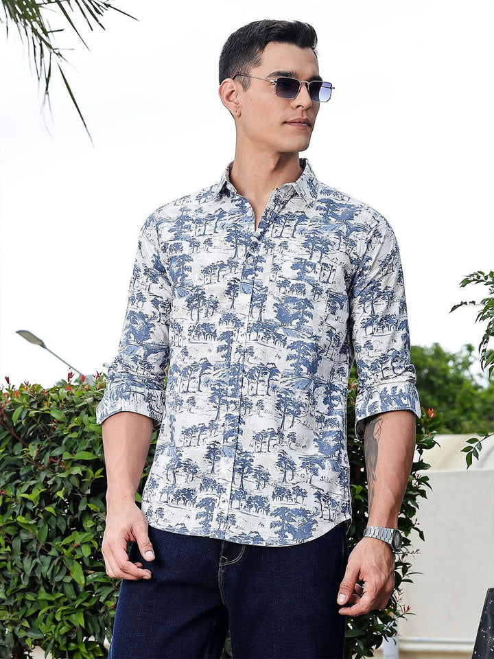 Thomas Scott Men Premium Floral Printed Spread Collar Cotton Casual Shirt