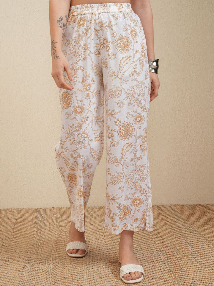 Vishudh White & Beige Floral Printed Pure Cotton Tunic With Trousers