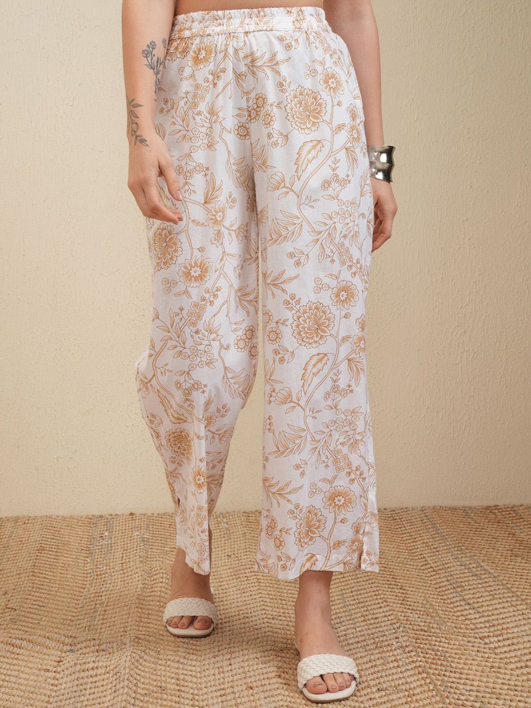 Vishudh White & Beige Floral Printed Pure Cotton Tunic With Trousers