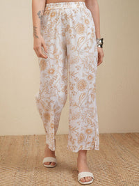 Vishudh White & Beige Floral Printed Pure Cotton Tunic With Trousers