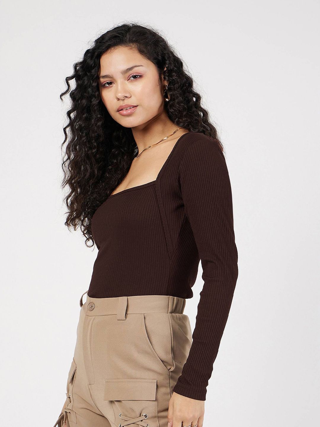 SASSAFRAS Women Rib Square Neck Full Sleeves Solid Top