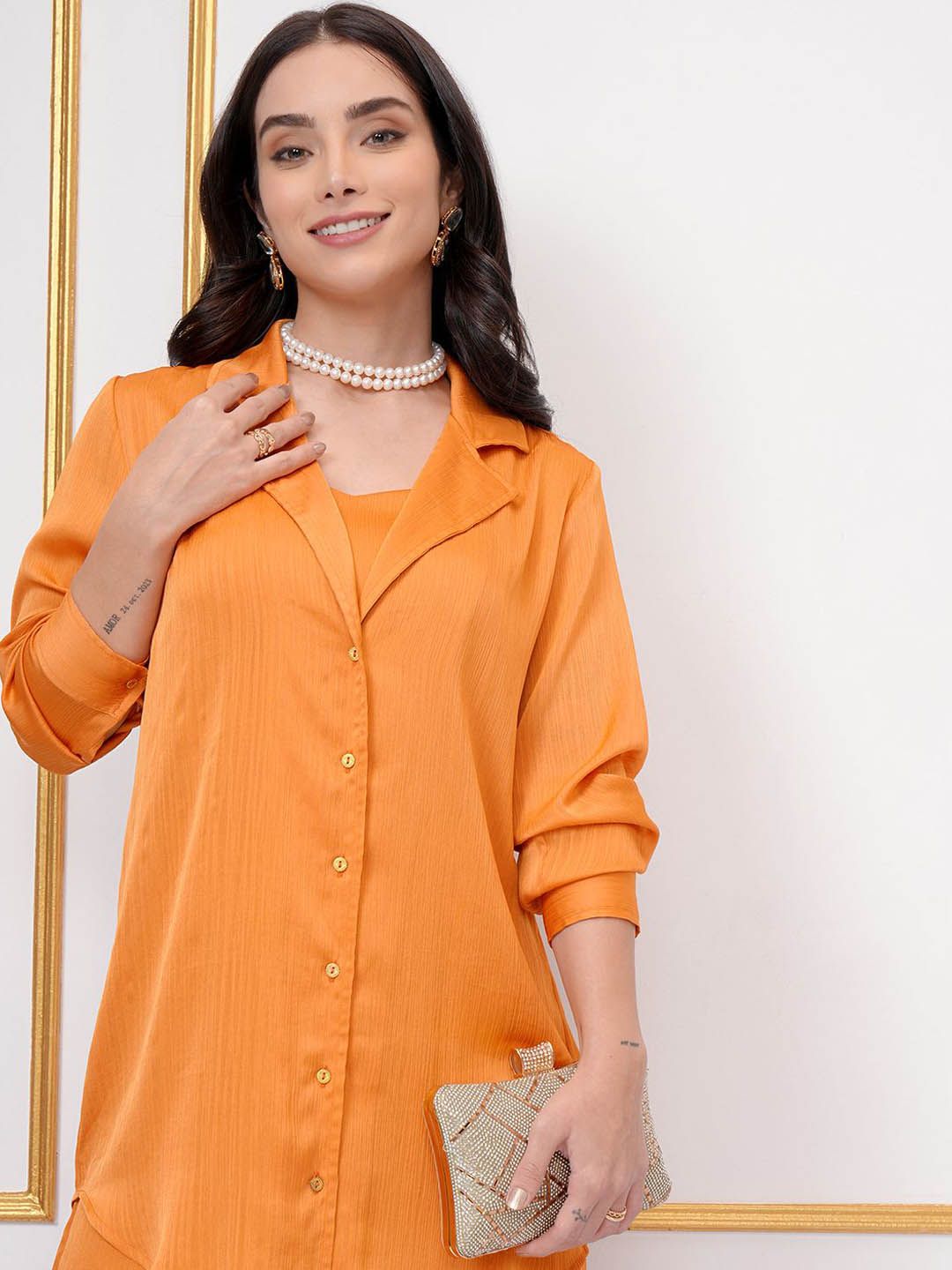 Vishudh Lapel Collar Long Sleeves Long Shirt With Palazzo With Crop Top
