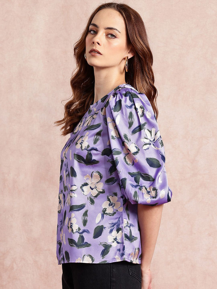 all about you Satin-Finish Floral Print Puff Sleeves Top
