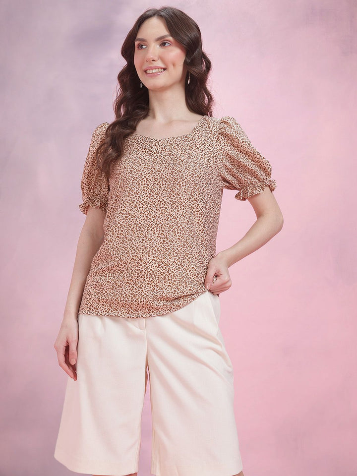 DressBerry Animal Print Sweetheart Neck Puff Sleeve Top