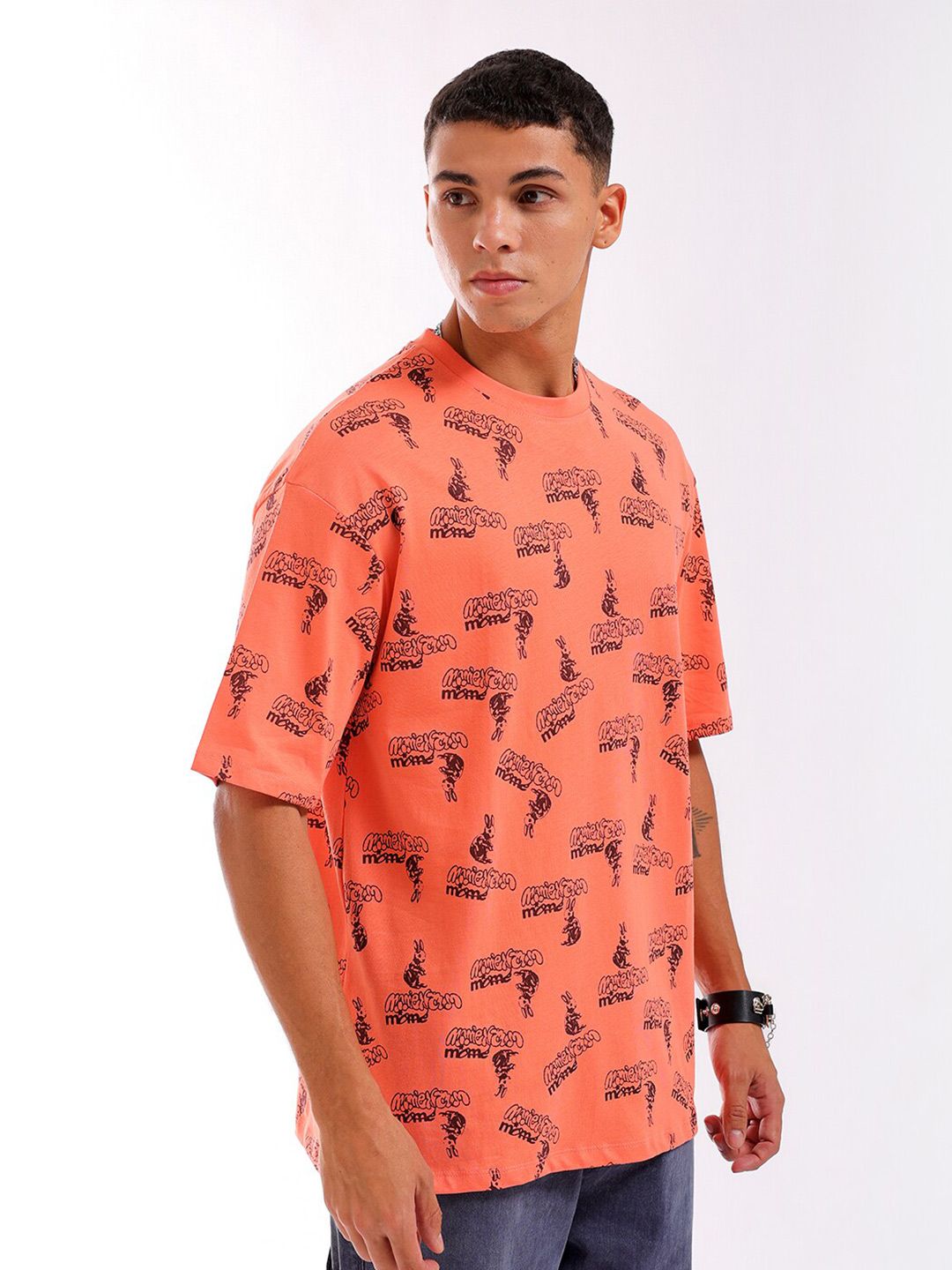The Indian Garage Co Men All Over Printed Round Neck Pure Cotton Boxy Oversized T-shirt