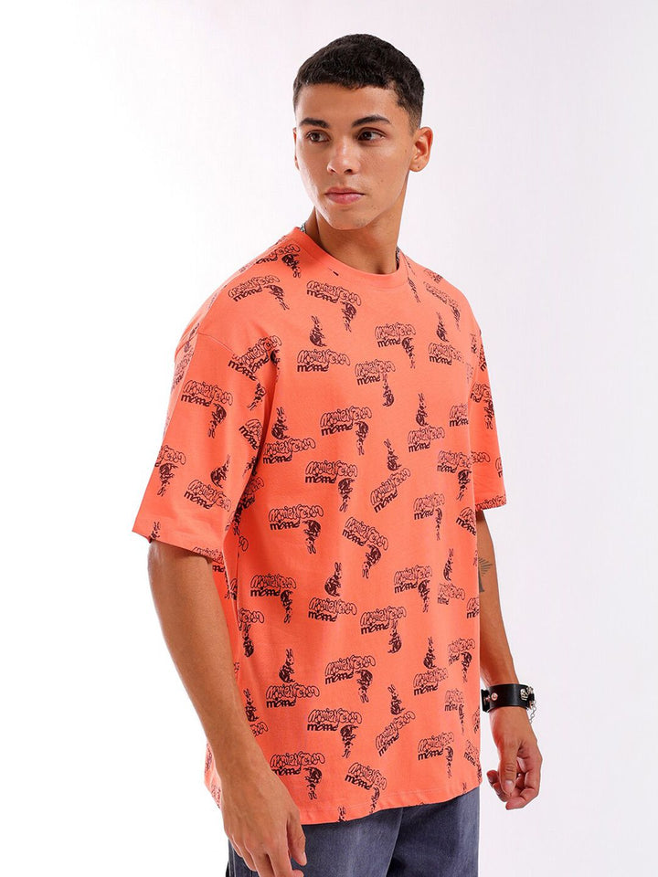 The Indian Garage Co Men All Over Printed Round Neck Pure Cotton Boxy Oversized T-shirt