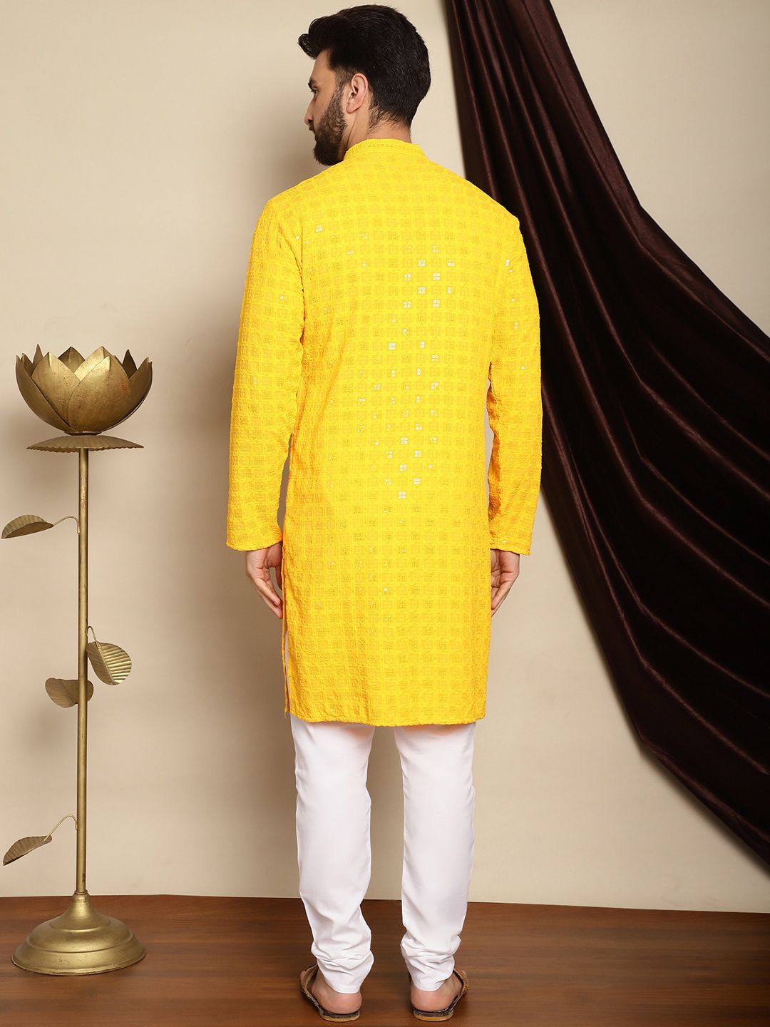 Anouk Yellow Embroidered Sequinned Pure Cotton Kurta with Churidar