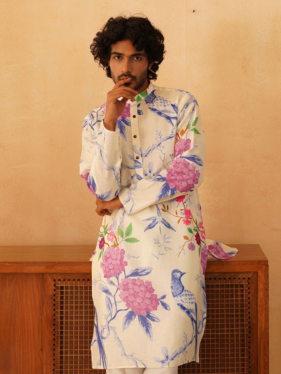 Jompers Floral Printed Pure Cotton Mandarin Collar Kurta With Trousers