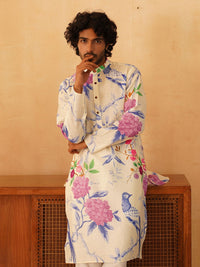 Jompers Floral Printed Pure Cotton Mandarin Collar Kurta With Trousers