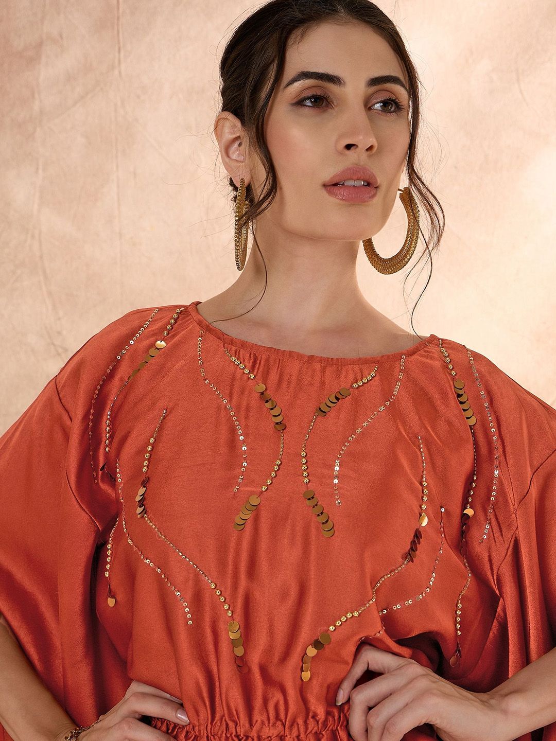 Antheaa Rust Embellished Top With Skirt