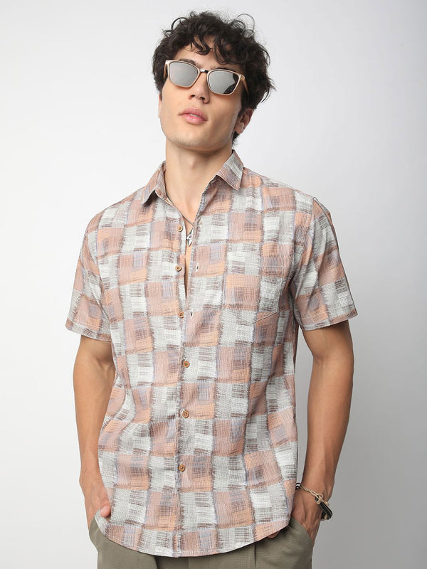 Vastrado Men Classic Spread Collar Geometric Capton Cotton Slim Fit Casual Shirt