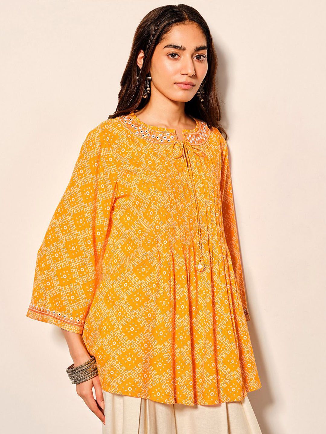 Global Desi Women Ethnic Printed Tie-Up Neck Top