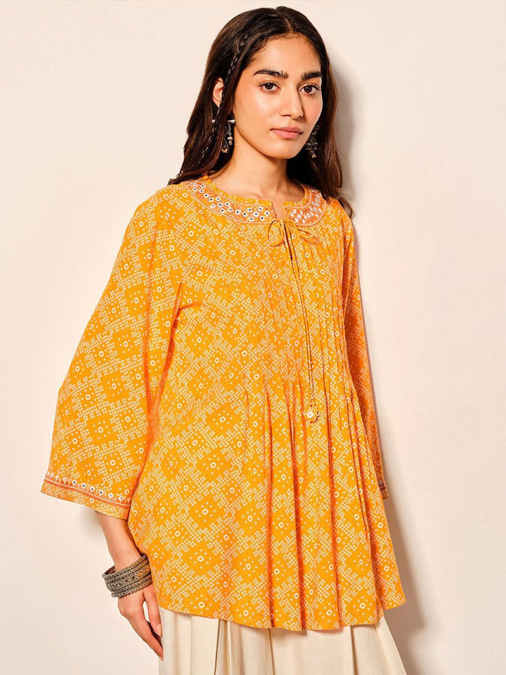 Global Desi Women Ethnic Printed Tie-Up Neck Top