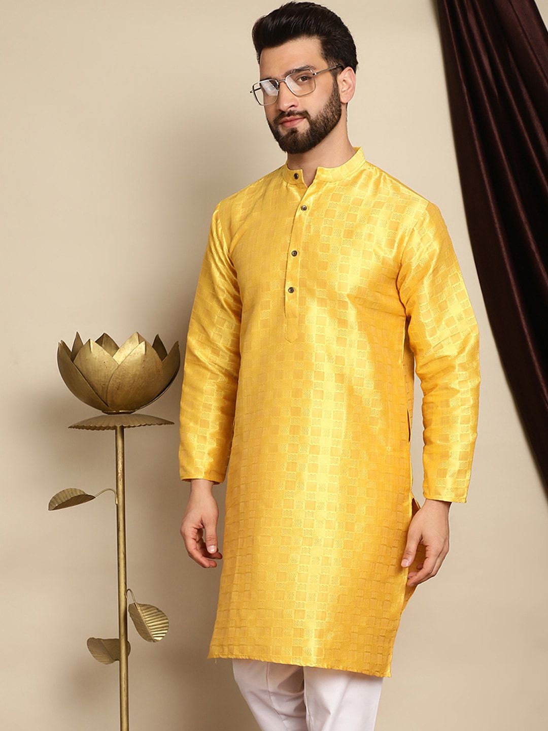 Anouk Yellow Geometric Woven Design Band Collar Jaquard Silk Straight Kurta