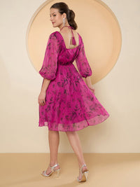 Antheaa Floral Puff Sleeve Chiffon Empire Dress