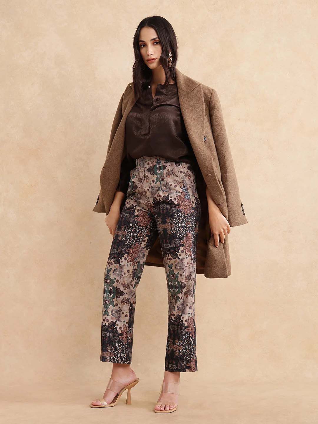 RAREISM Women Cotton Printed Comfort Straight Fit High-Rise Trousers