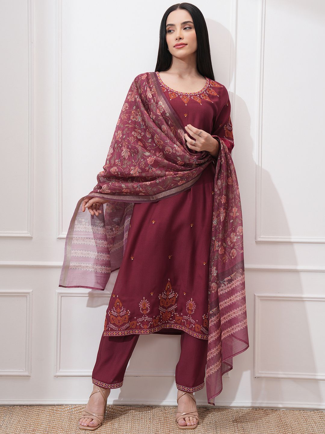 Vishudh Women Ethnic Motifs Embroidered Regular Kurta with Trousers & With Dupatta