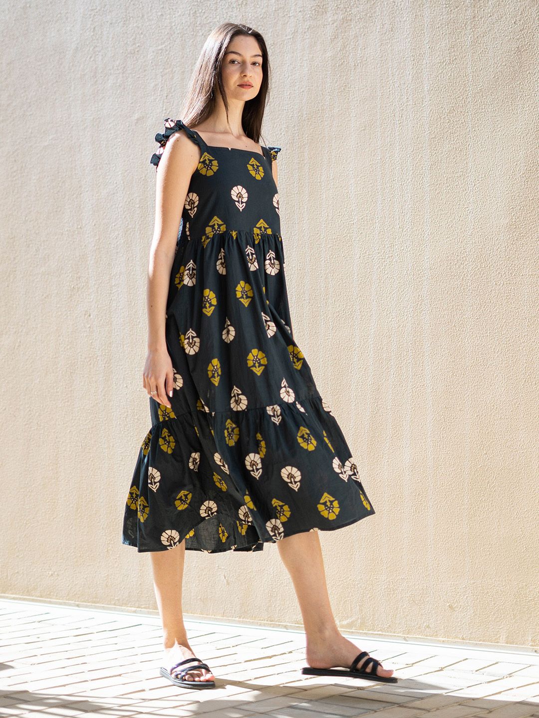 SANSKRUTIHOMES Cotton Floral Printed Fit & Flare Midi Dress