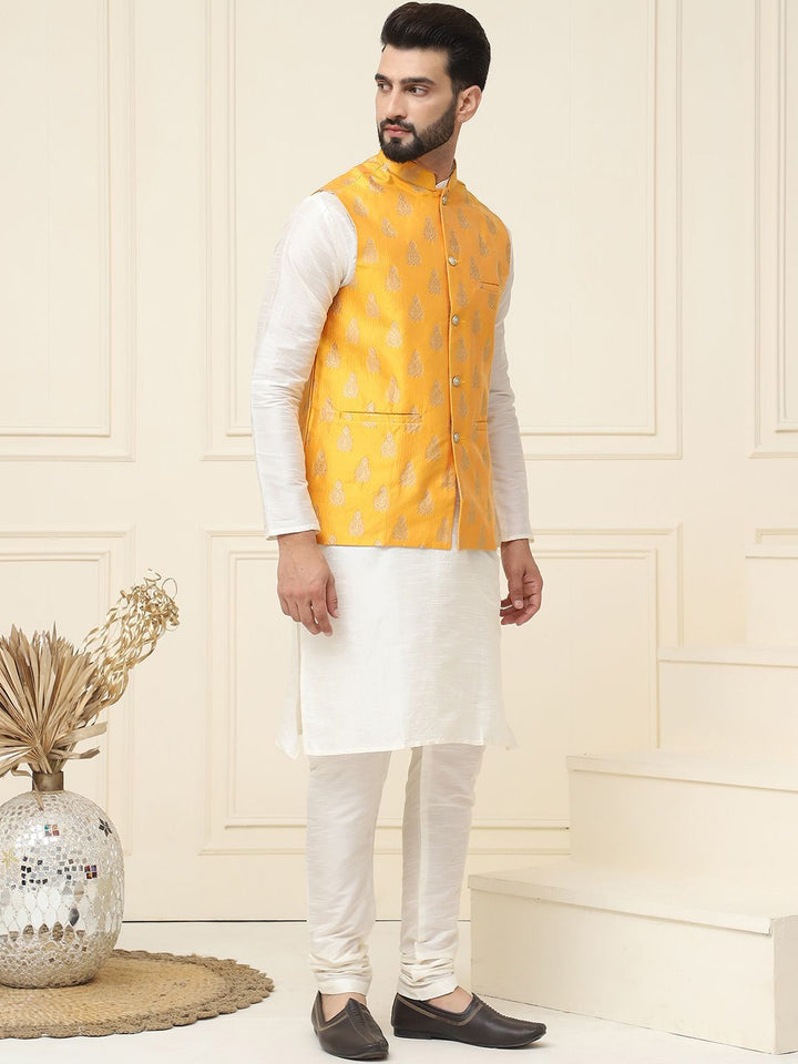 SOJANYA Mandarin Collar Silk Cotton Straight Kurta with Churidar & Nehru jacket