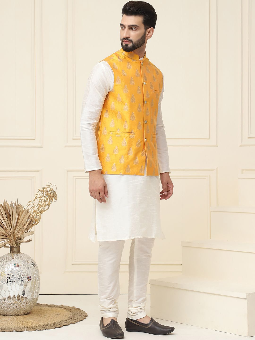 SOJANYA Mandarin Collar Silk Cotton Straight Kurta with Churidar & Nehru jacket