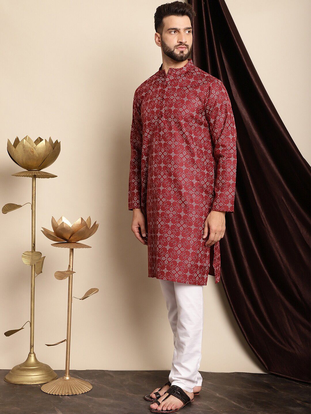 Anouk Maroon & White Ethnic Motifs Printed Kurta With Churidar