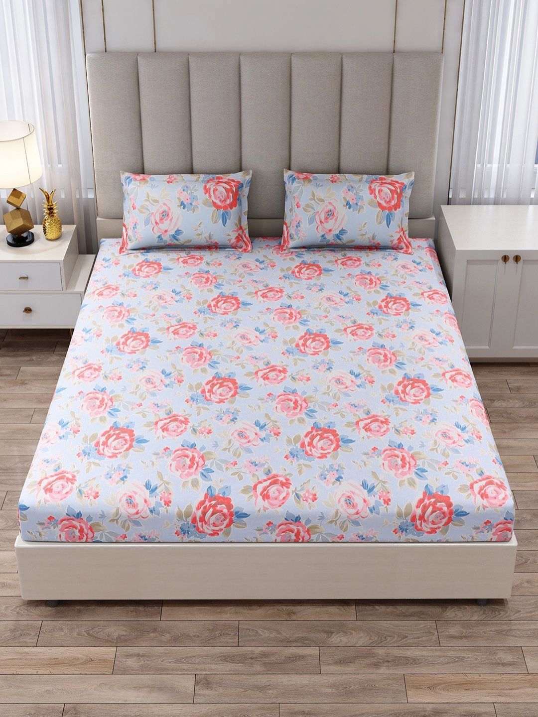 Monte Carlo Blue & Pink Floral Printed 130 TC King Bedsheet Set 2.75 m x 2.75 m