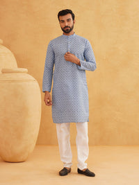 SOJANYA Floral Printed Band Collar Cotton Linen Straight Kurta With Churidar