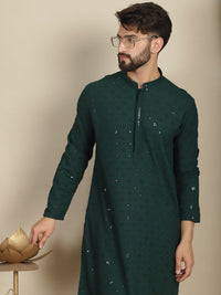 Anouk Green Geometric Sulam Kolar Mandarin Lengan Panjang Kurta Kapas Labuci