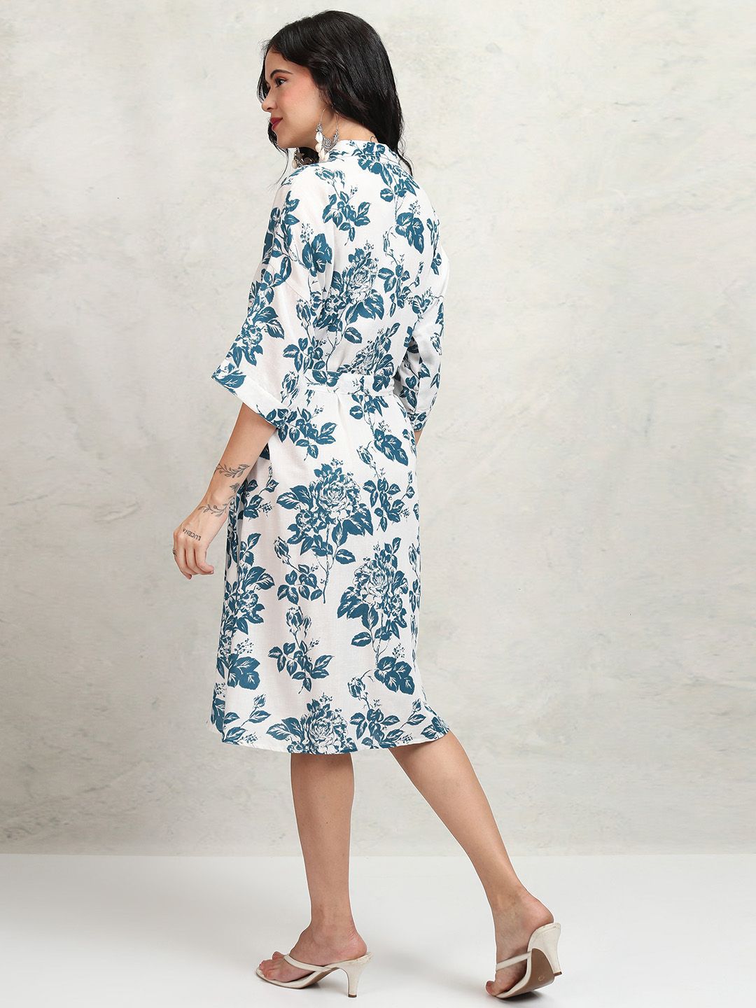Vishudh Women Floral Print Shirt Collar Flared Sleeve Knee Length Shirt Dress