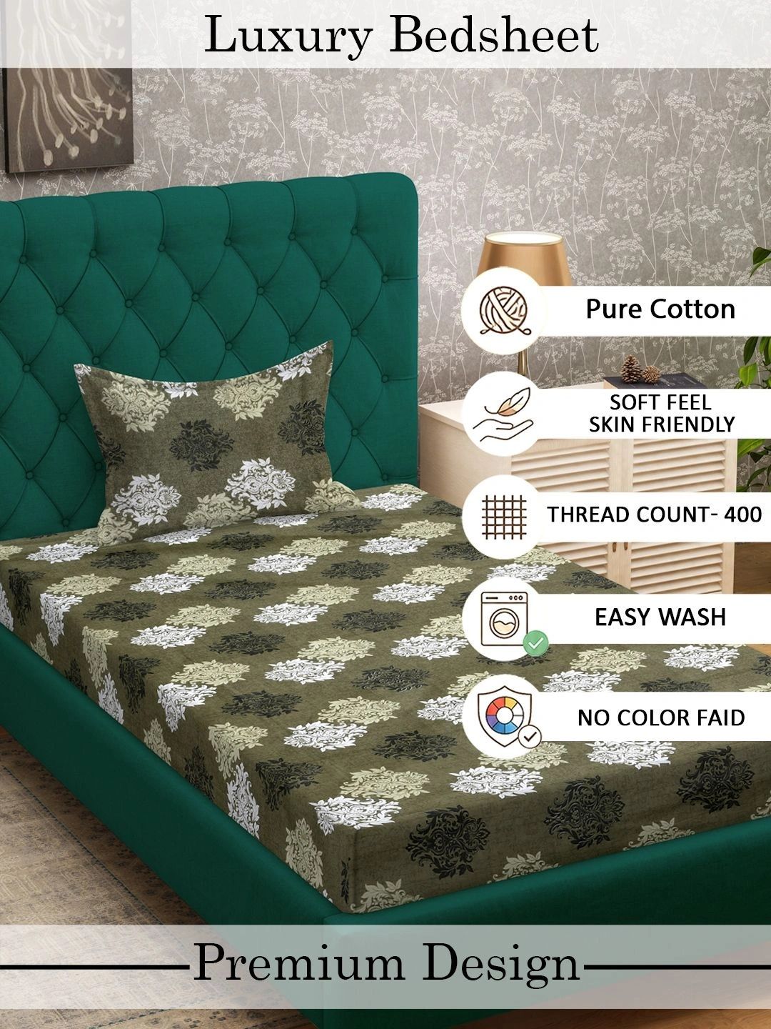 Myntra Elegant Homes Hijau Zaitun & Bunga Putih 400 TC Cadar Single dengan 1 Sarung Bantal