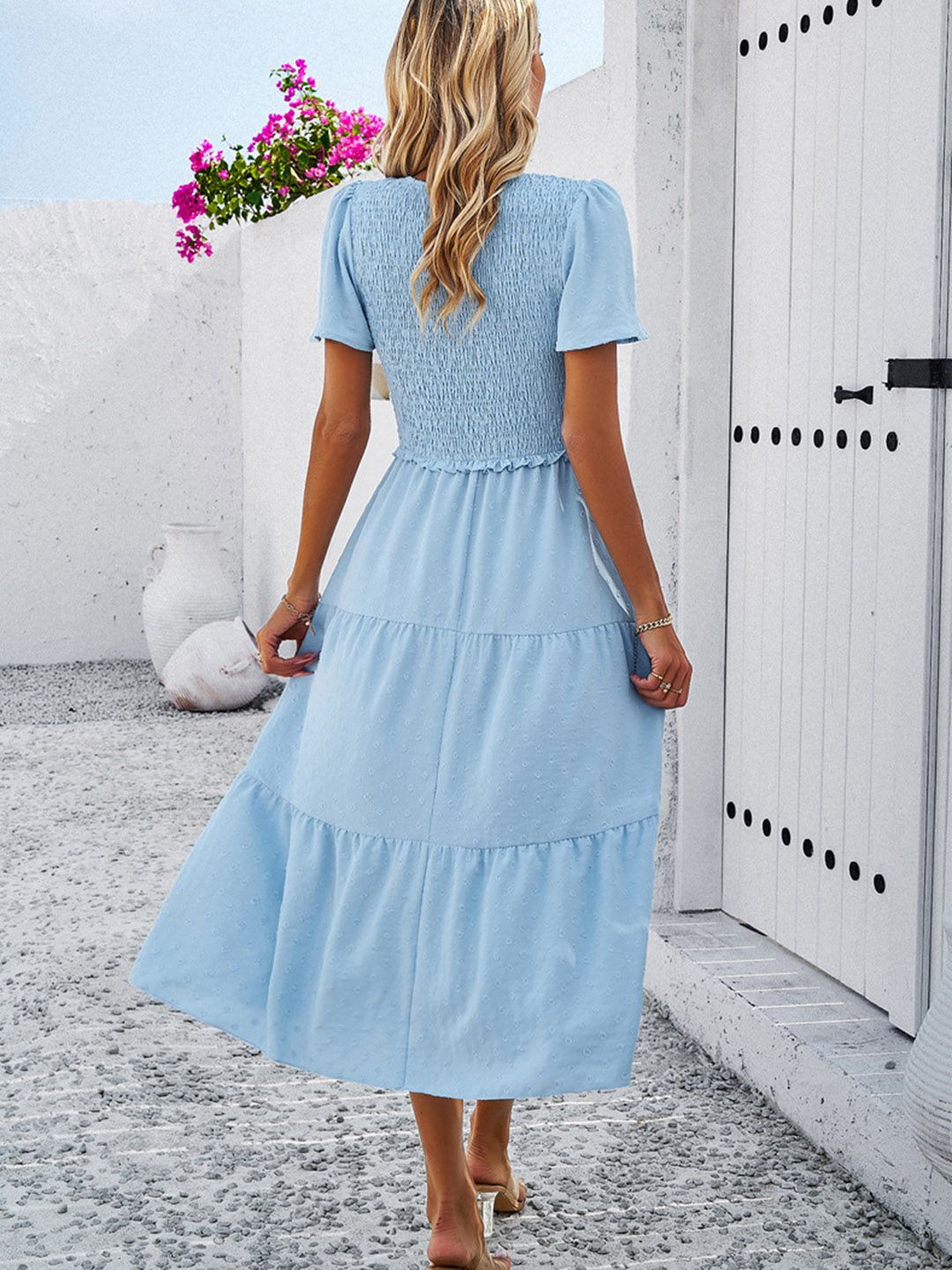 all about you Blue Flared V-Neck Flutter Sleeve Fit & Flare Midi Dress