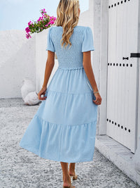 all about you Blue Flared V-Neck Flutter Sleeve Fit & Flare Midi Dress