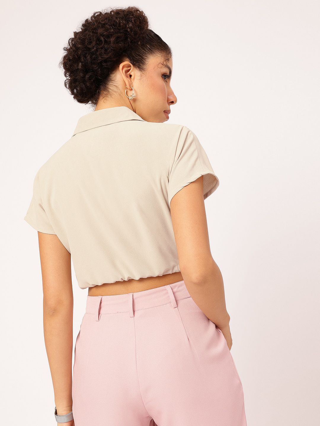 DressBerry Neutral Chic Tie-Up Waist Shirt Style Crop Top