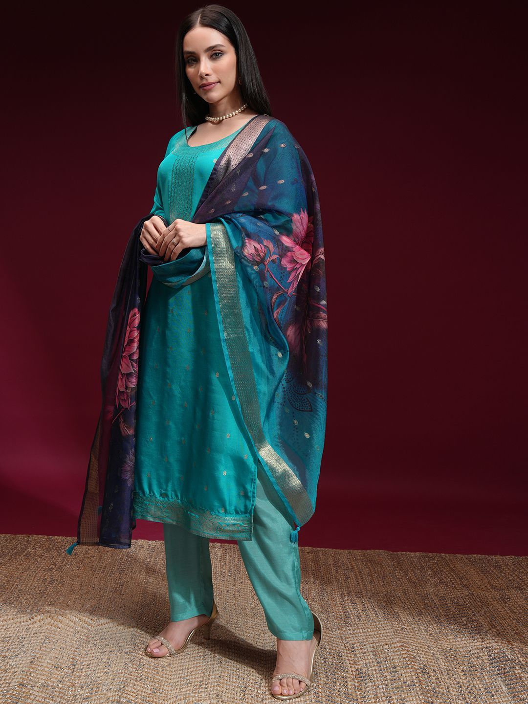 Vishudh Women Turquoise Ethnic Motifs Regular Kurta with Trousers Dupatta