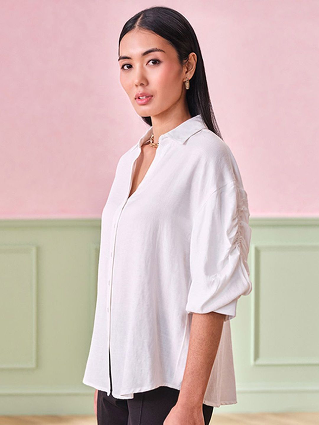 AND Women Solid Shirt Collar Top