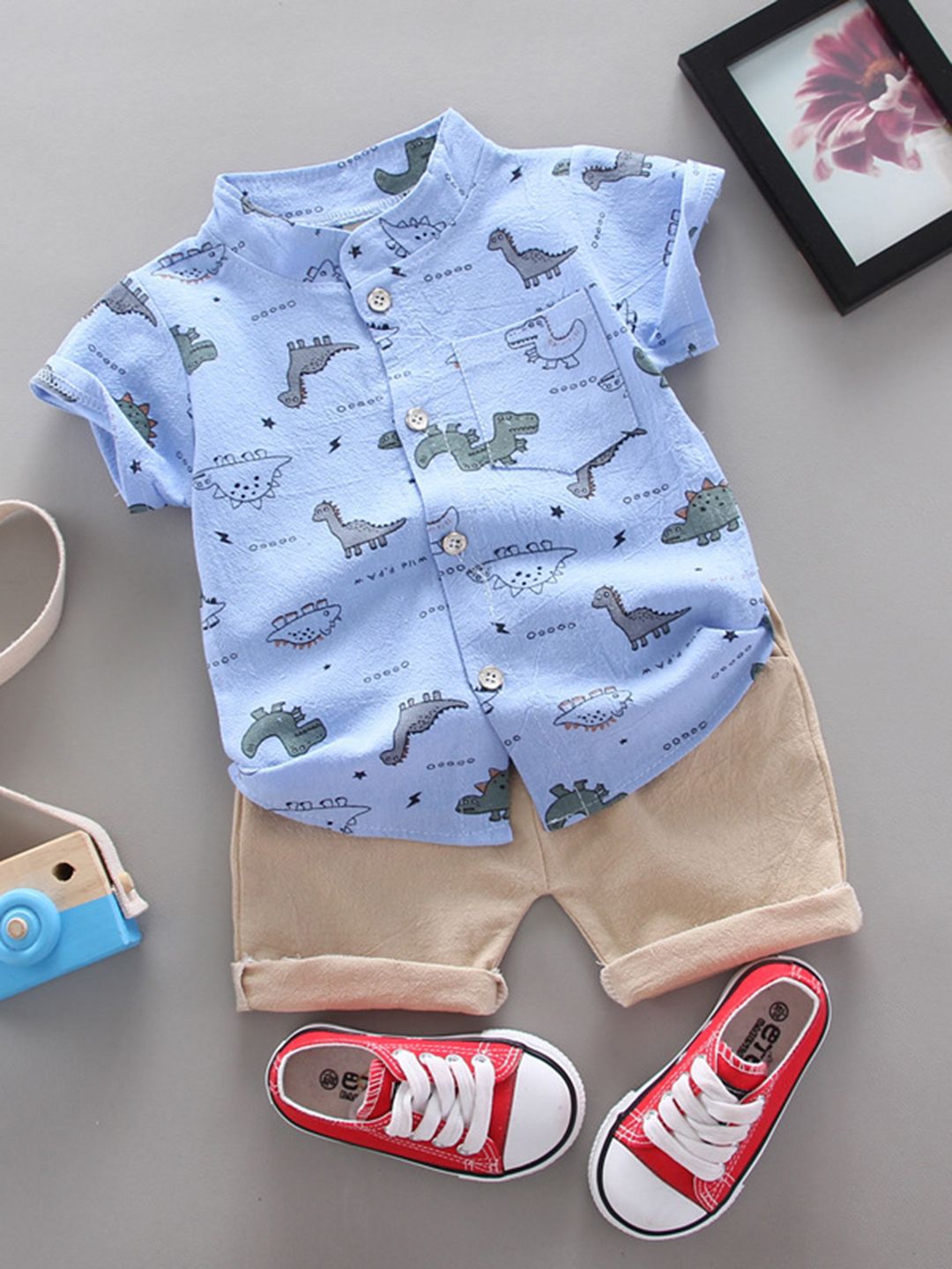 YK Boys Printed Mandarin Collar Neck Shirt With Shorts Clothing Set