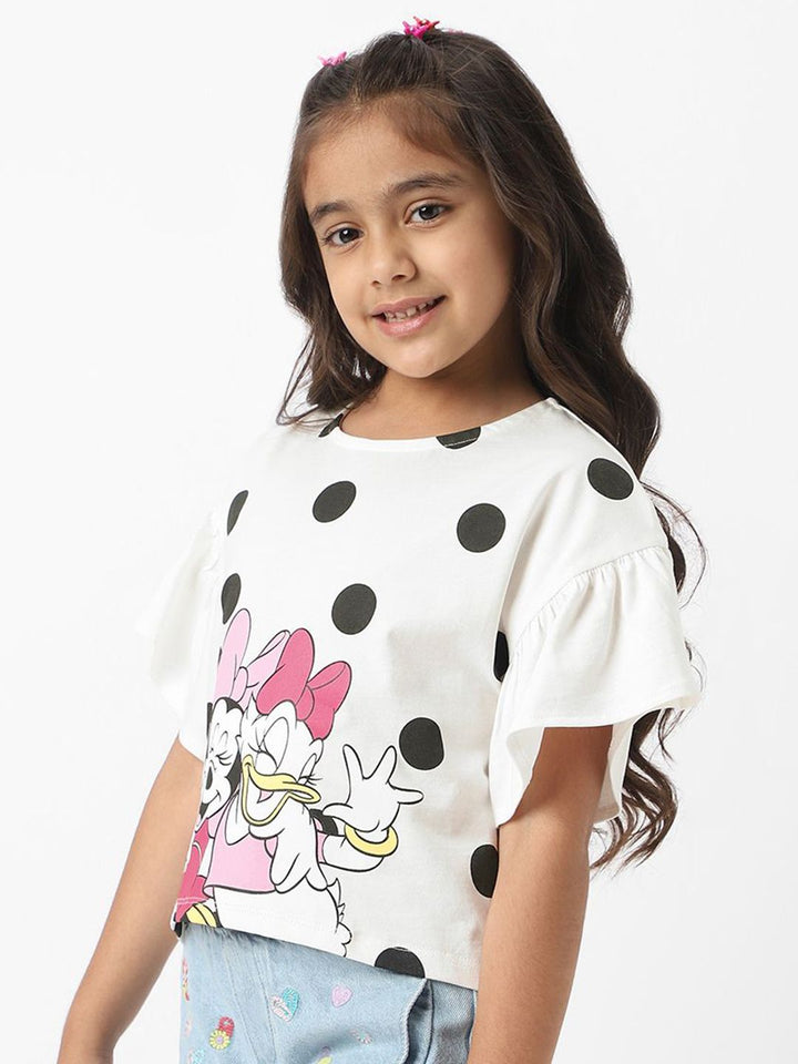 Nauti Nati Disney Girls Cotton Minnie Mouse & Daisy Polka Printed Flare Sleeves Top