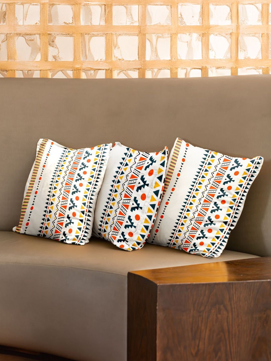 URBAN SPACE Orange & White 3 Pieces Geometric Printed Cotton Square Cushion Covers