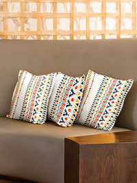 URBAN SPACE Orange & White 3 Pieces Geometric Printed Cotton Square Cushion Covers