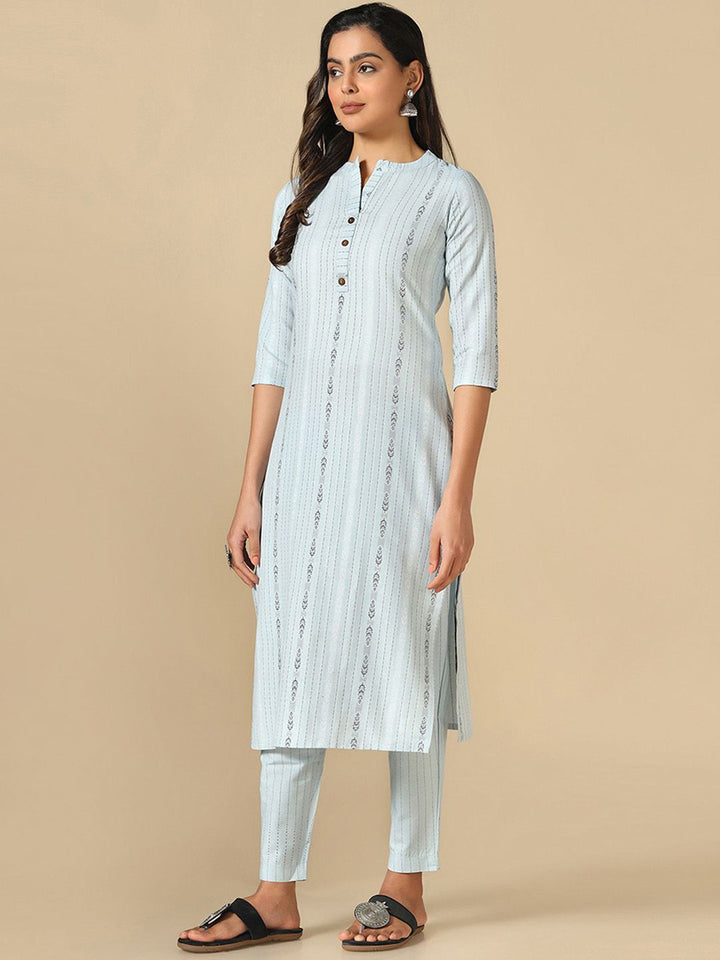 KALINI Striped Mandarin Collar Thread Work Straight Kurta With Trousers