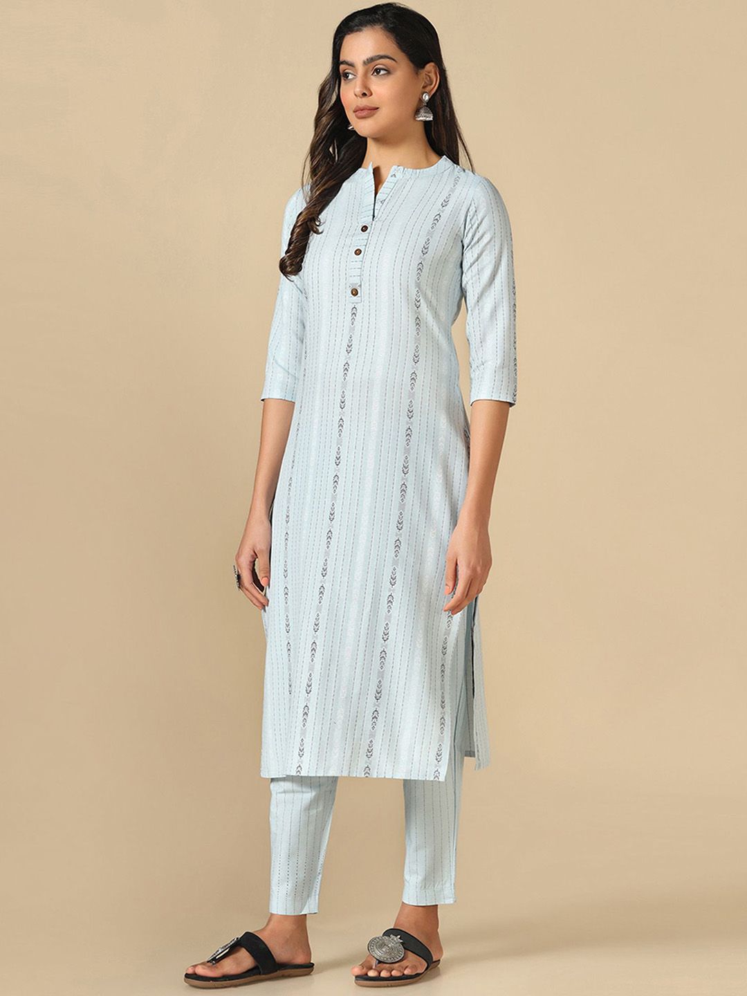 KALINI Striped Mandarin Collar Thread Work Straight Kurta With Trousers