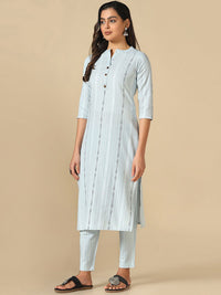 KALINI Striped Mandarin Collar Thread Work Straight Kurta With Trousers