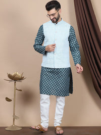 Motif Etnik Hijau Anouk Bercetak Kurta Kapas Tulen Lurus dengan Jaket Churidar & Nehru