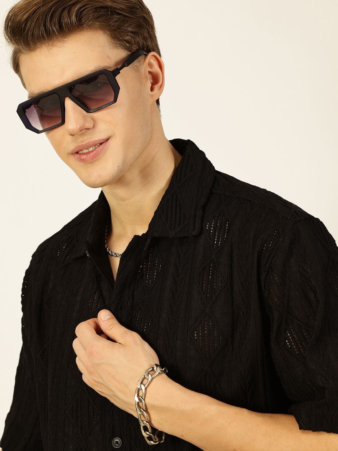 Thomas Scott Men Premium Spread Collar Textured Oversized Casual Shirt
