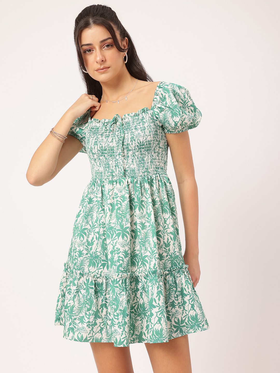 DressBerry Timelessly Trendy Printed Smocked Fit & Flare Mini Dress
