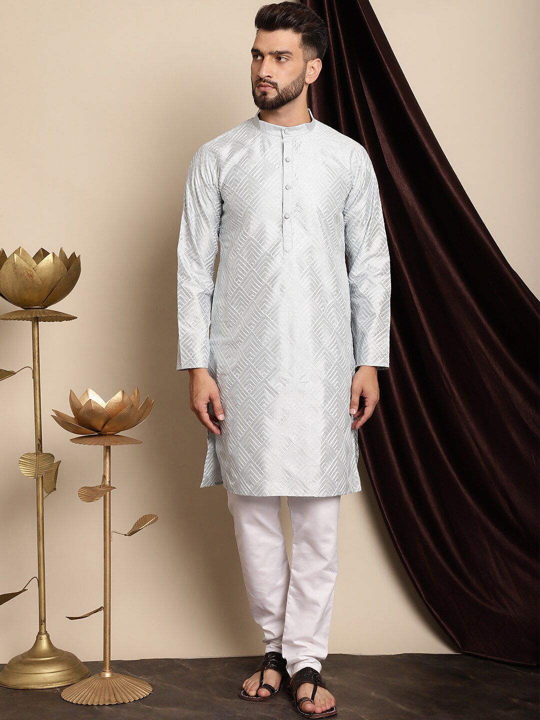 Anouk Geometric Embroidered Band Collar Thread Work Detail Straight Kurta with Churidar